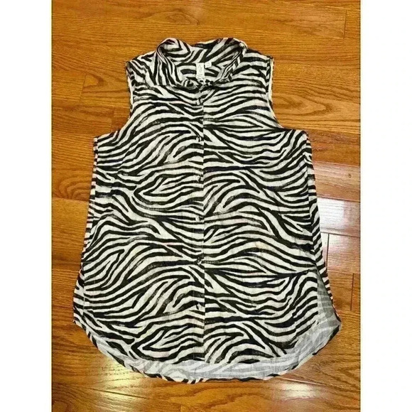 J Joie Zebra Print Sleeveless Blouse Button-Down Linen Top Large Black & White - Picture 1 of 6
